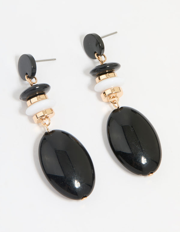 Gold Black Beaded Drop Earrings