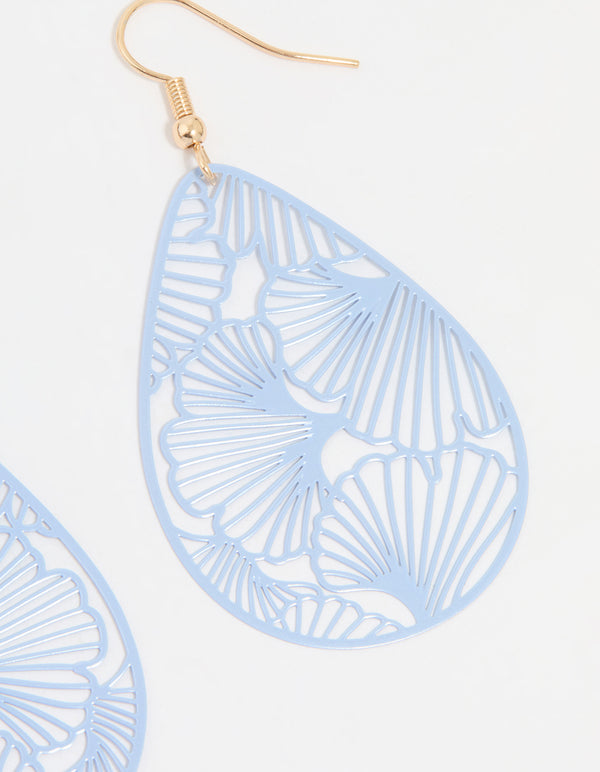 Gold Blue Filigree Pear Drop Earrings