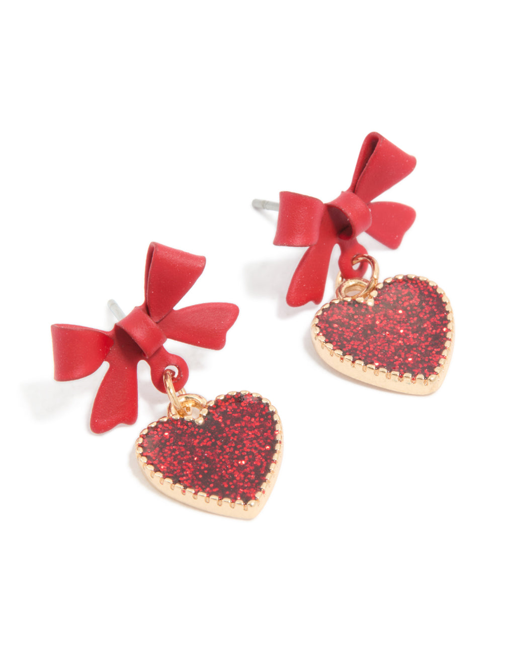 Gold Red Coated Metal Bow Drop Heart Stud Earrings