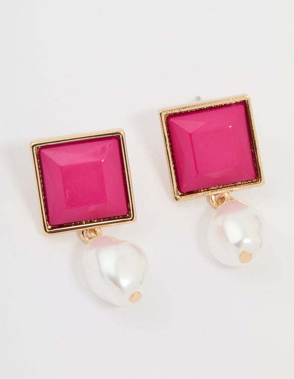 Gold Pearl & Hot Pink Square Drop Earrings