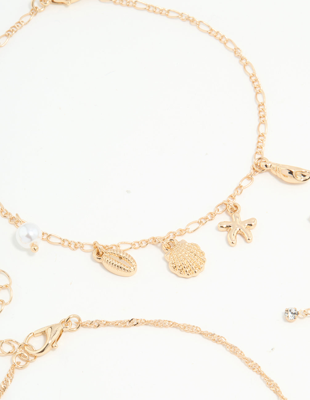Gold Diamante & Ocean Charm Anklets 3-Pack