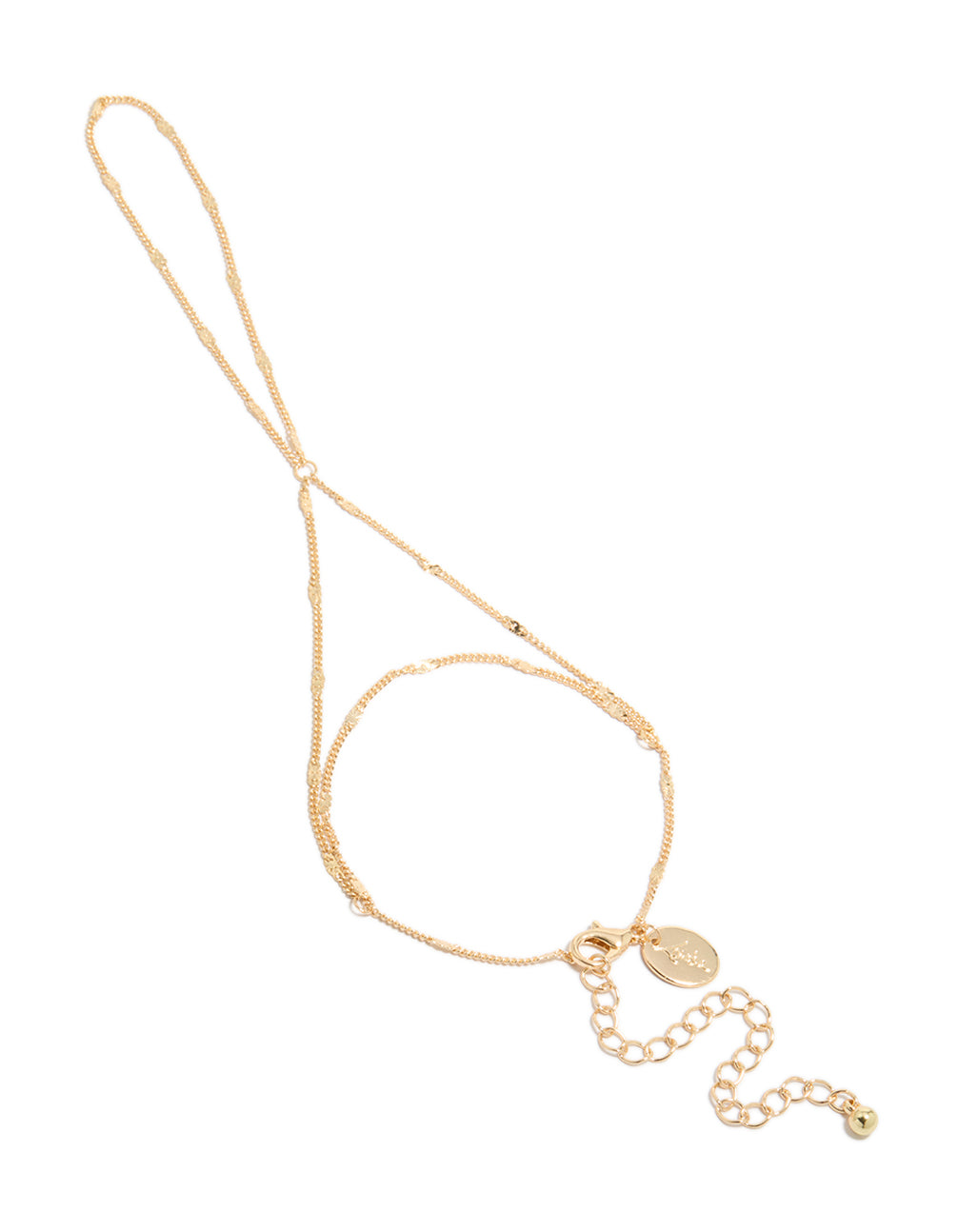 Showcasing a gold fine chain hand chain in a dainty style front view