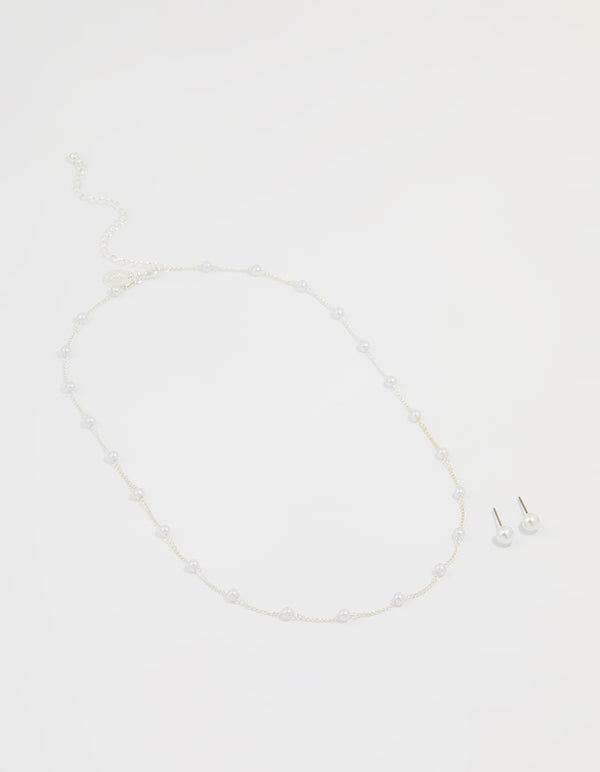 Silver Pearl Necklace & Earrings Set