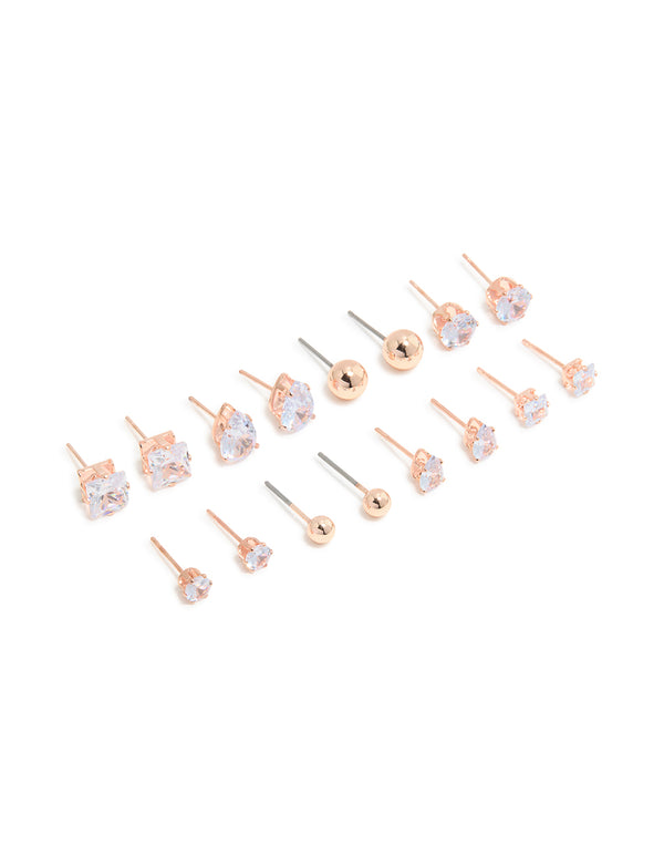Rose Gold Diamante Mixed Shape Stud Earrings 8-Pack