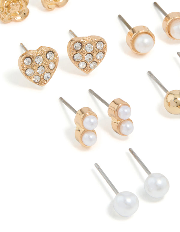 Gold Pearl & Heart Stud Earrings 12-Pack