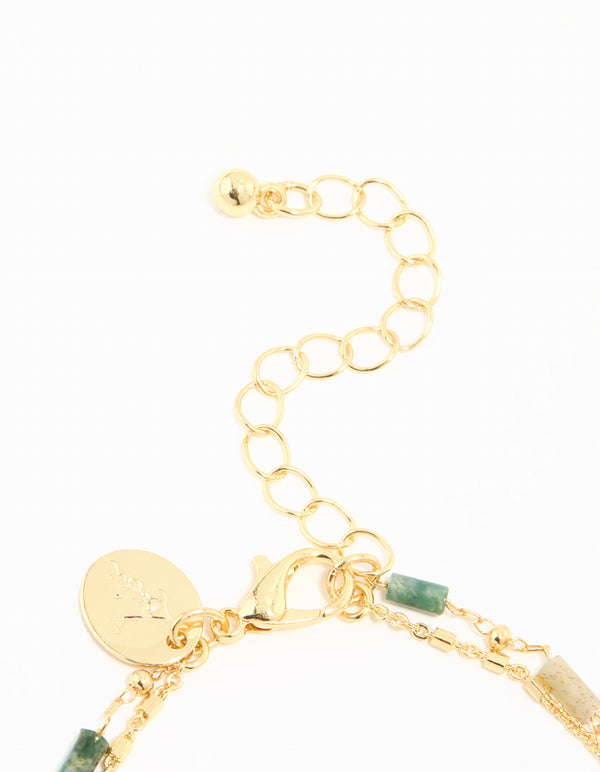 Gold Plated Green Semi Precious Stone Layered Chain Bracelet
