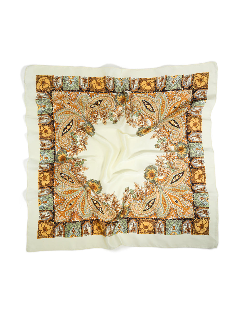 Elegant paisley western fabric scarf with floral and leaf print in ivory, orange, dark sea green, and black front view