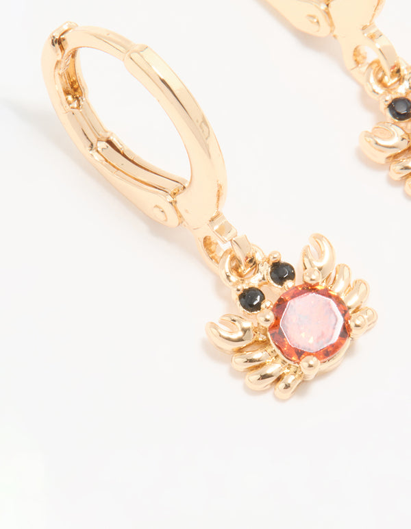 Gold Red Cubic Zirconia Crab Huggie Drop Earrings