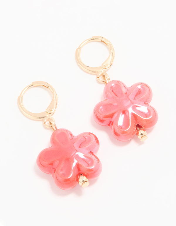 Gold Pink Flower Huggie Drop Earrings