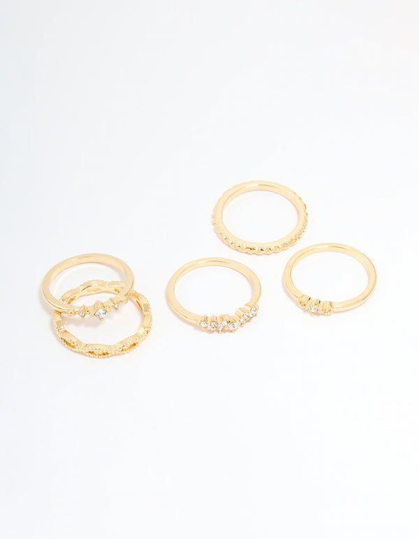 Gold Plated Diamante Rings 5-Pack