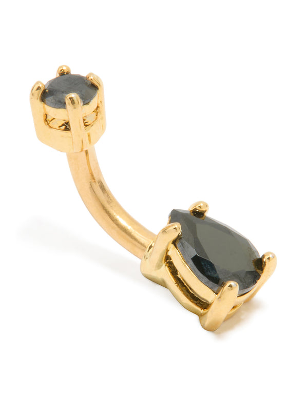 Gold Plated Surgical Steel Black Cubic Zirconia Belly Bar