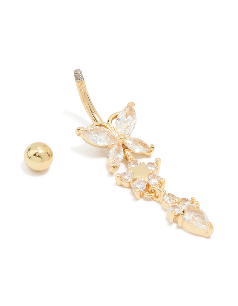 Gold Plated Surgical Steel Cubic Zirconia Triple Flower Belly Bar