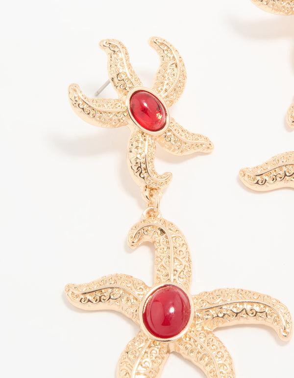 Gold Red Centre Double Starfish Drop Earrings