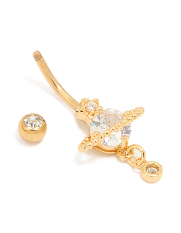 Gold Plated Titanium Cubic Zirconia Planet Belly Bar