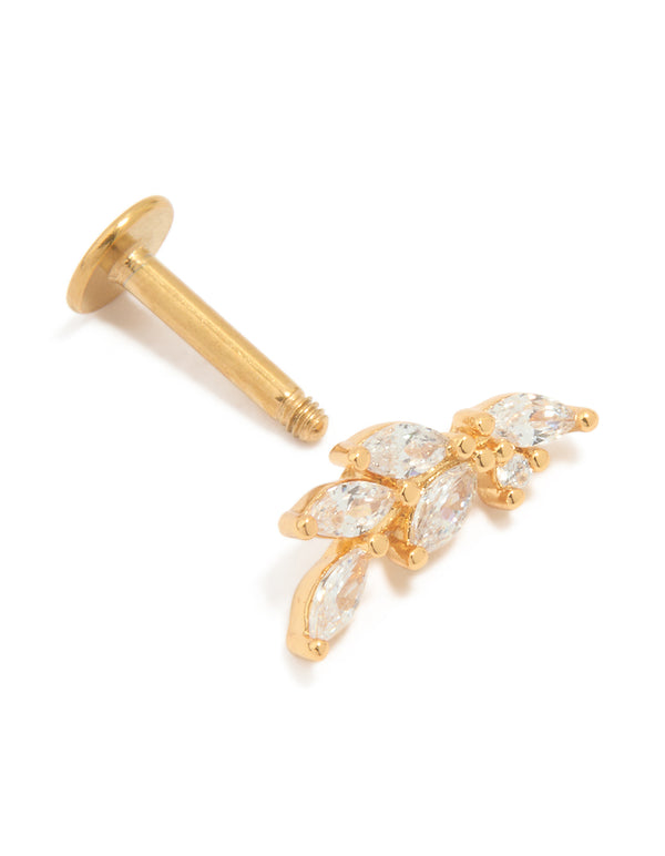 Gold Plated Titanium Cubic Zirconia Leaf Flat Back Stud