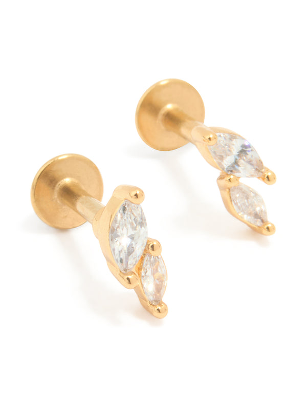 Gold Plated Titanium Cubic Zirconia Leaf Flat Back Studs