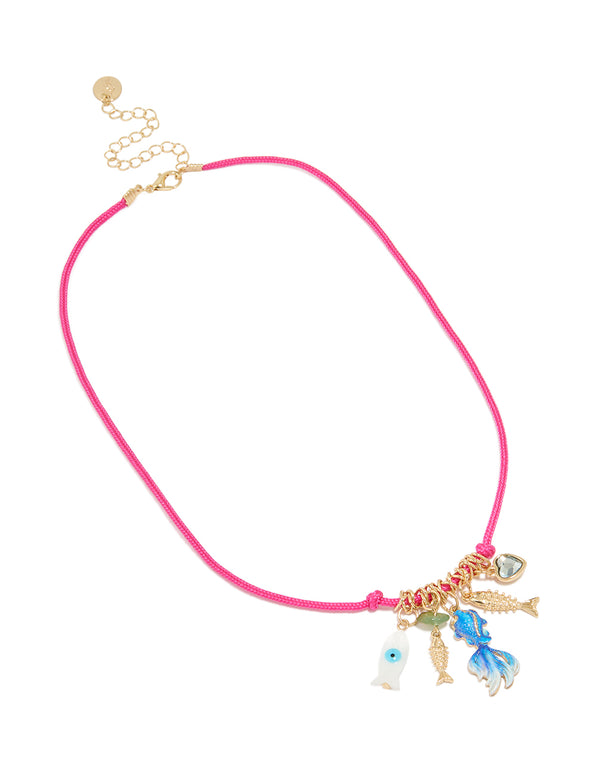 Pink Cord & Fish Charms Necklace