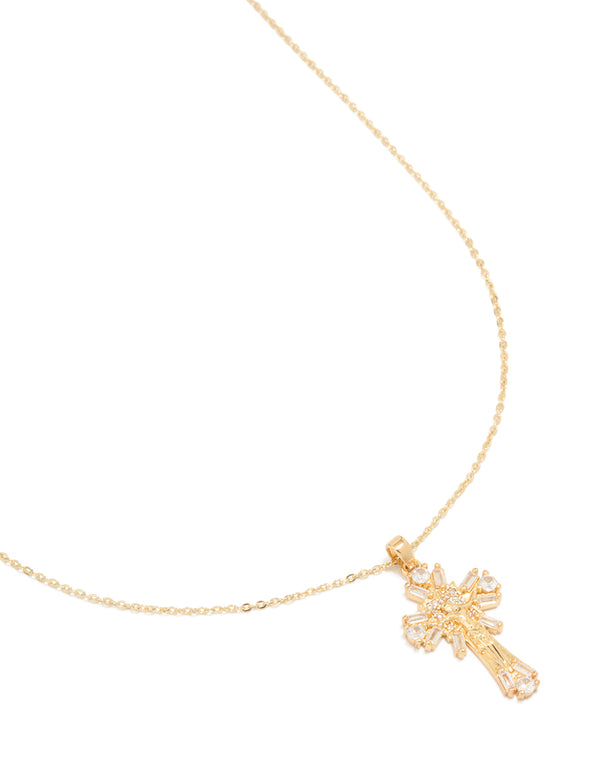 Gold Plated Cubic Zirconia Baguette Cross Pendant Necklace
