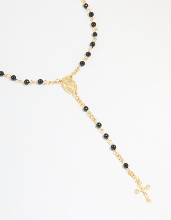 Gold Plated Black Onyx & Cross Lariat Necklace