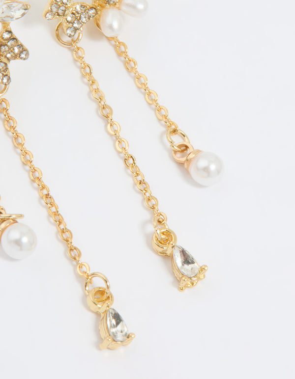 Gold Plated Diamante Pearl Flower Chain Drop Earrings