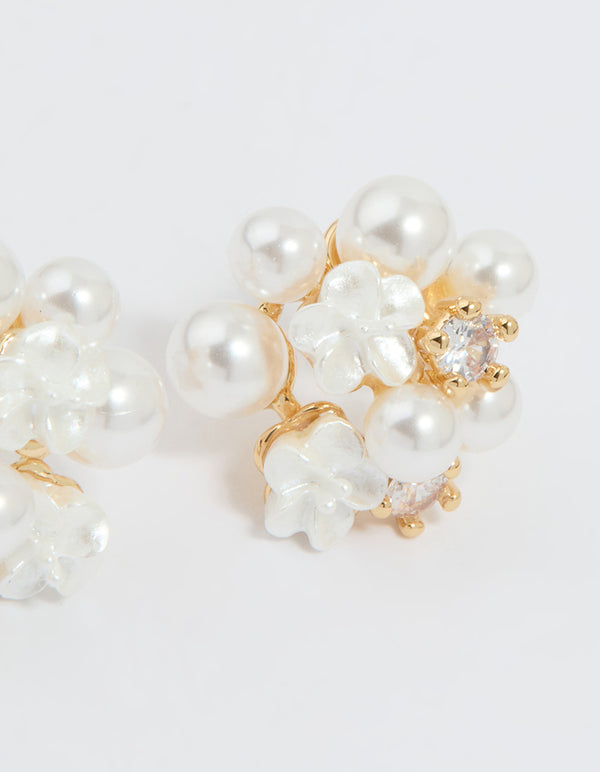 Gold Plated Cubic Zirconia Pearl Cluster Stud Earrings