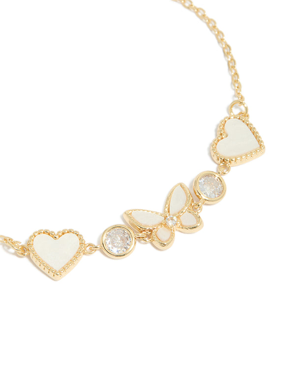 Gold Plated Cubic Zirconia Butterfly & Heart Toggle Bracelet