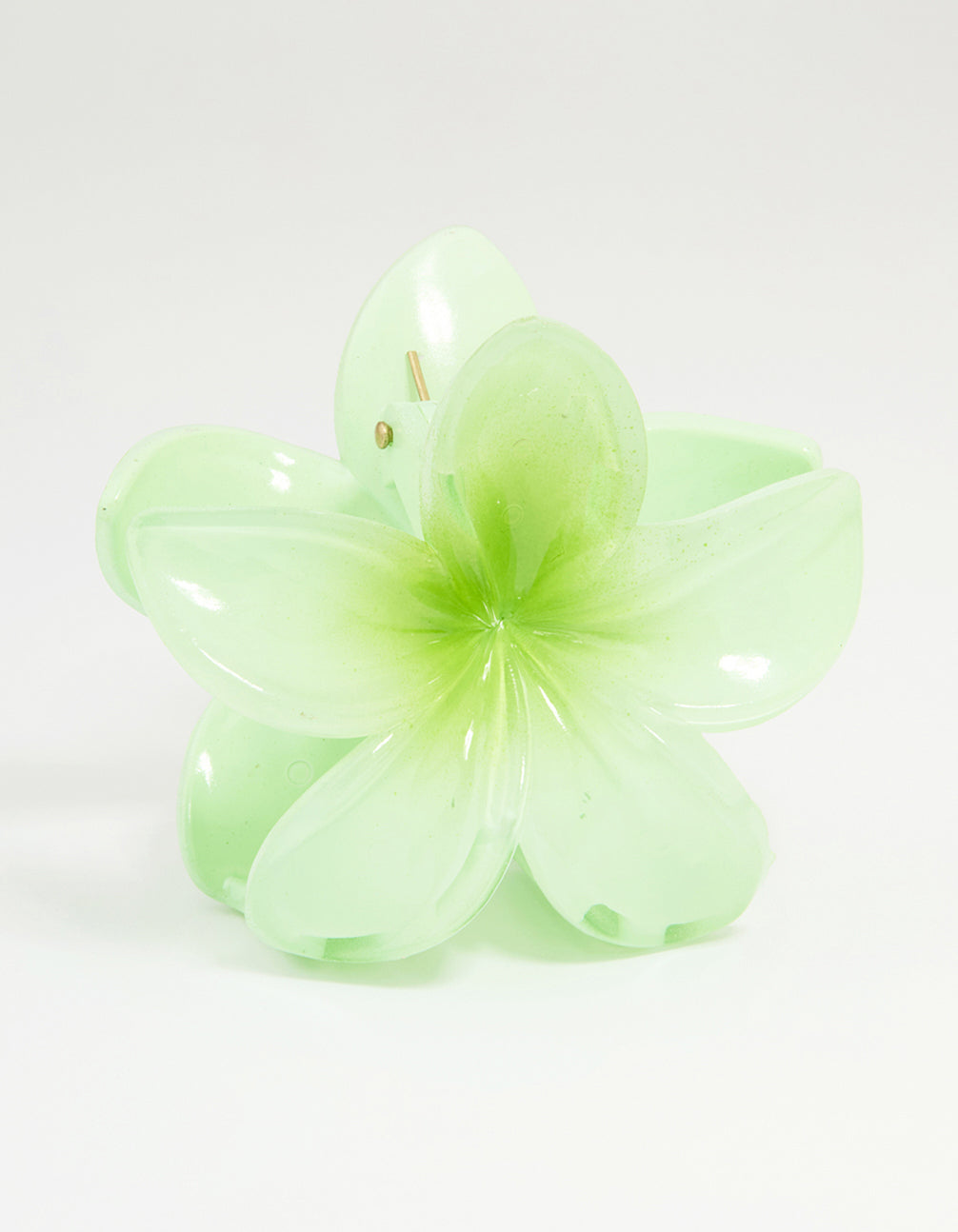 Beautifully crafted green ombre tropical claw clip featuring floral design in pale and lime hues with gold details front view