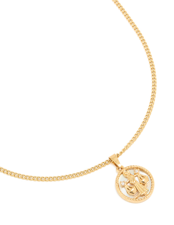 Waterproof Gold Plated Stainless Steel Cubic Zirconia Libra Circle Zodiac Sign Necklace