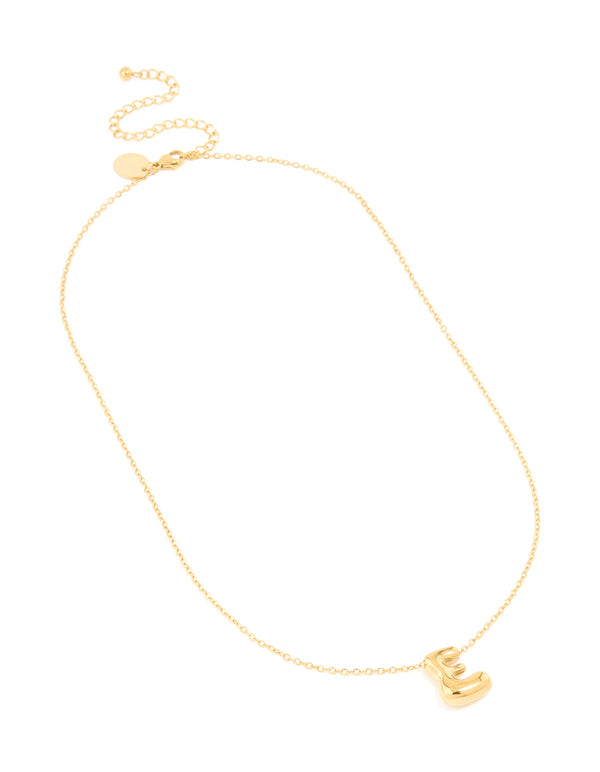 Displaying a waterproof large bubble letter E charm necklace in stainless steel with adjustable chain and dainty design front view