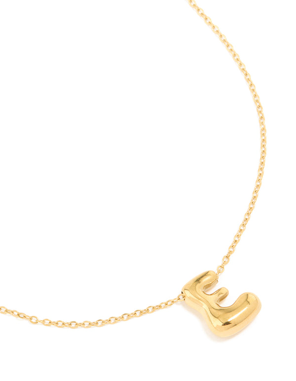 Showcasing a waterproof large bubble letter E pendant necklace crafted from stainless steel with a dainty style close up view