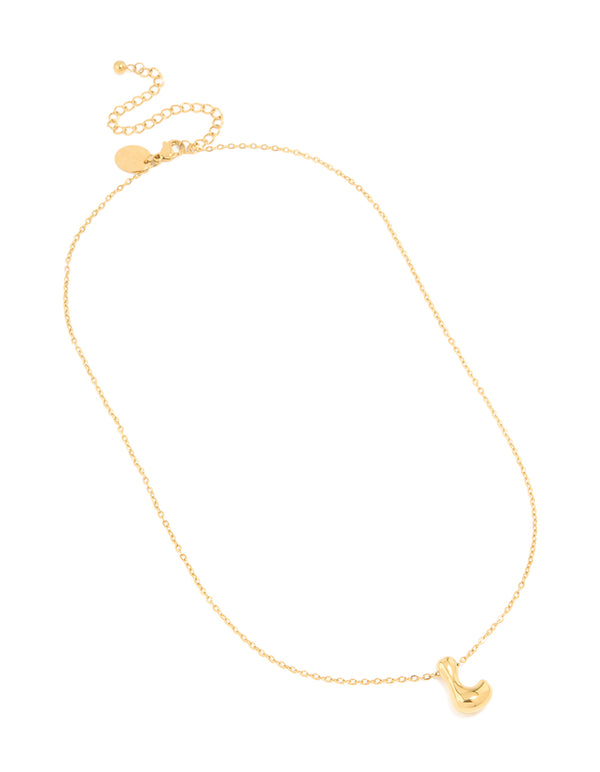 Presenting a waterproof bubble letter L initial pendant necklace in stainless steel in dainty style close up view