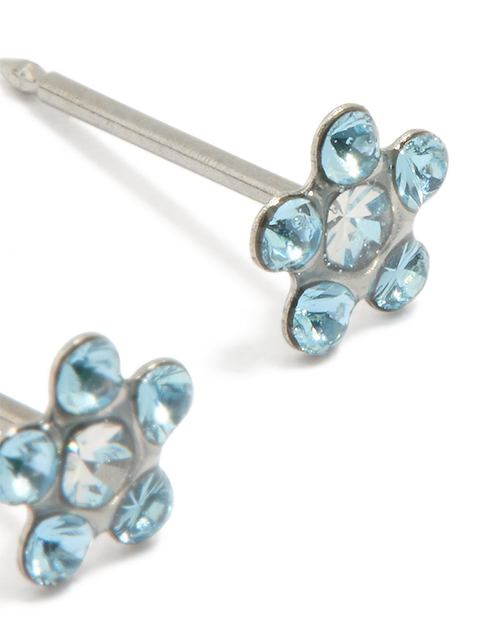 Showcasing the aqua cubic zirconia daisy stud with dainty floral detailing and stainless steel post detail view