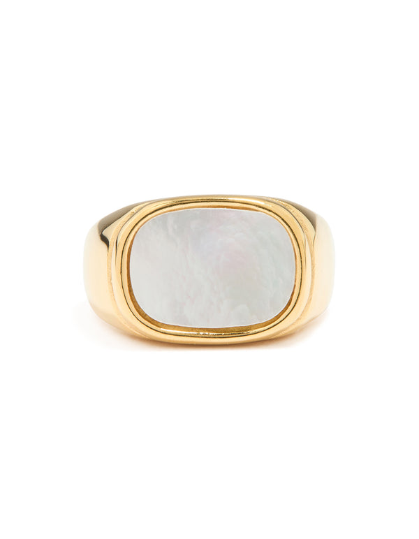 Presenting a waterproof gold plated stainless steel statement signet ring with square semi precious moonstone close up view