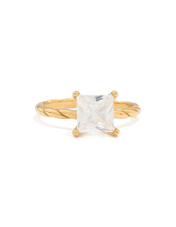 Waterproof Gold Plated Stainless Steel Cubic Zirconia Square Ring