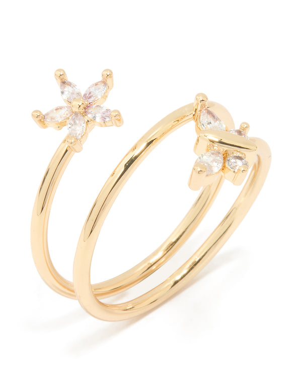 Gold Plated Cubic Zirconia Butterfly & Flower Ring