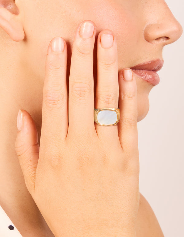 Waterproof Gold Plated Stainless Steel Square Semi Precious Moon Stone Signet Ring