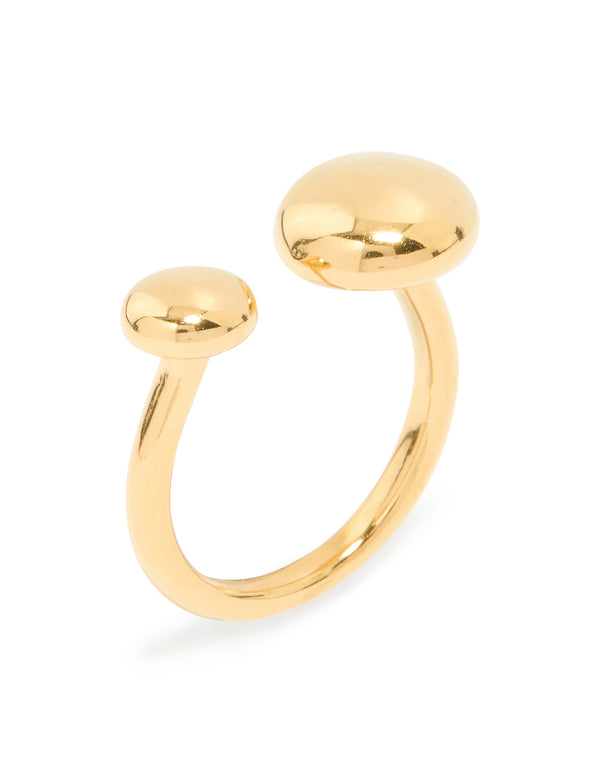 Beautifully crafted waterproof gold plated stainless steel double ball ring featuring dainty style side detail view