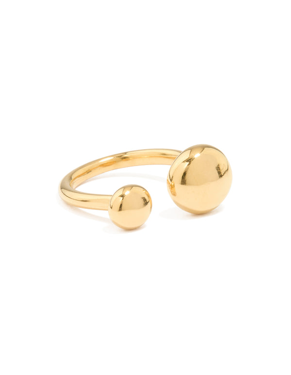 Showcasing a waterproof gold plated stainless steel double ball ring with dainty design front view