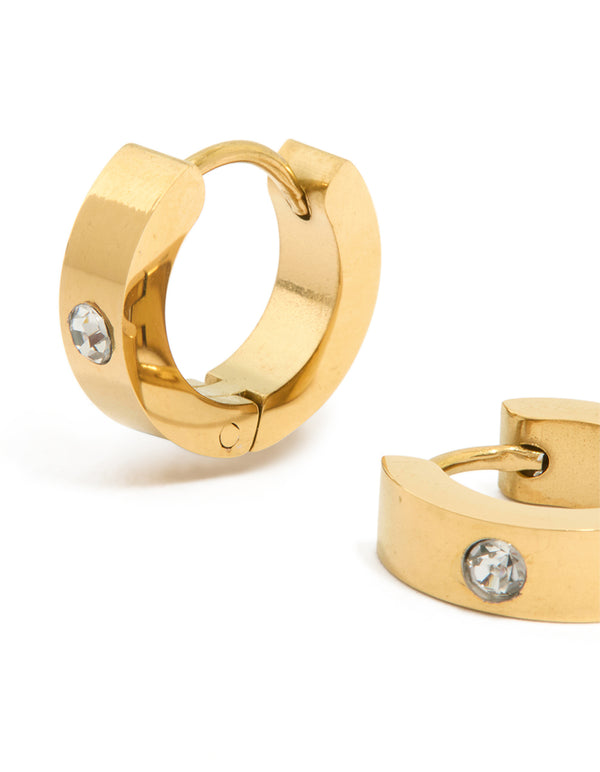 Elegant waterproof gold plated stainless steel cubic zirconia huggie earrings close up view