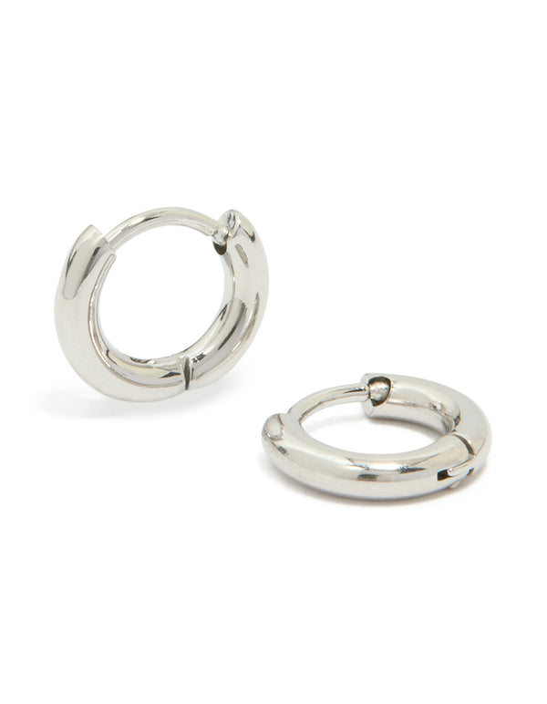 Beautifully crafted waterproof stainless steel clicker hoop earrings in silver front view