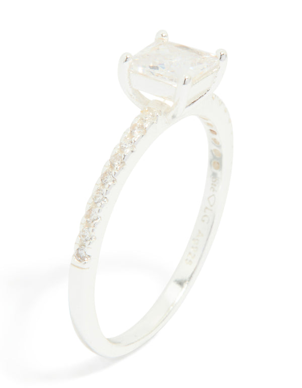 A sterling silver square cubic zirconia pave band ring with dainty style side detail view