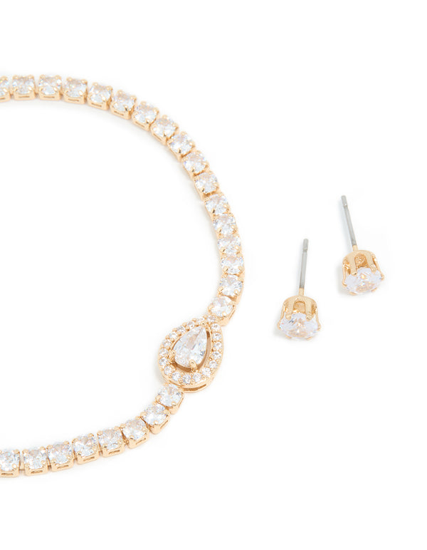 Gold Cubic Zirconia Pear Detail Centre Tennis Bracelet & Earrings Set
