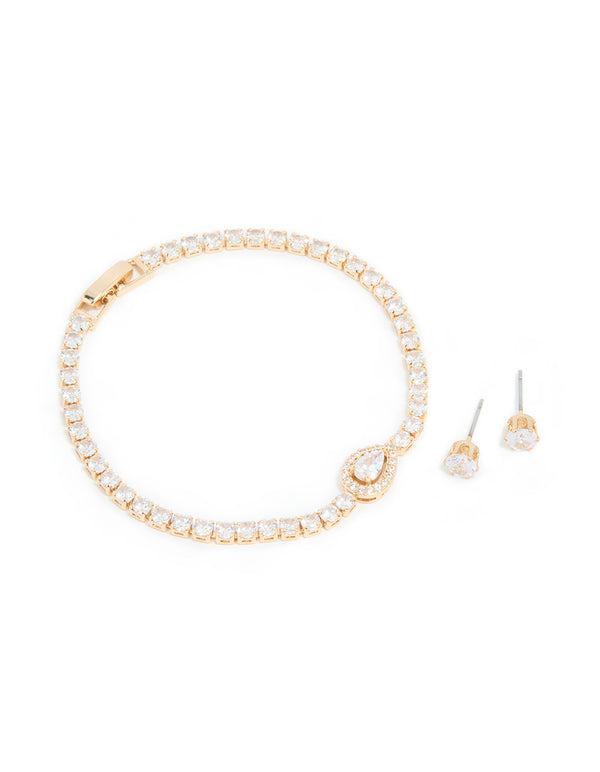 Gold Cubic Zirconia Pear Detail Centre Tennis Bracelet & Earrings Set