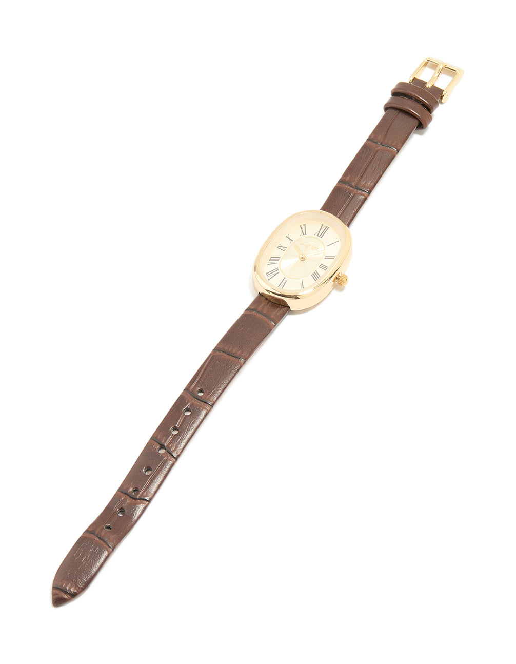 Explore this women's vintage watch featuring a gold tone dial, roman numerals, formal occasion styling, analog display, leather strap in brown crafted from PU material front view