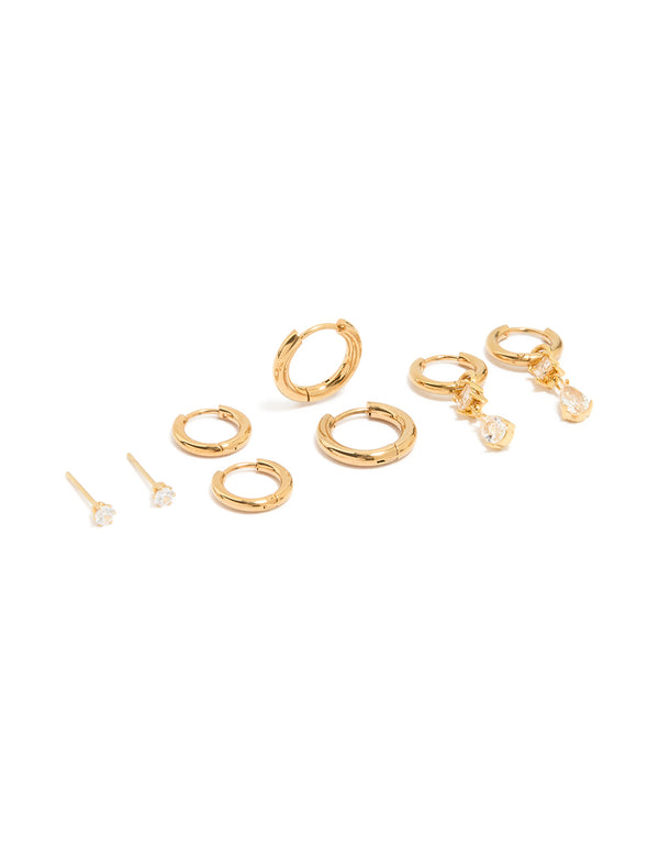 Showcasing waterproof gold plated stainless steel cubic zirconia stud earrings in a 4-pack with huggie and crystal features front view