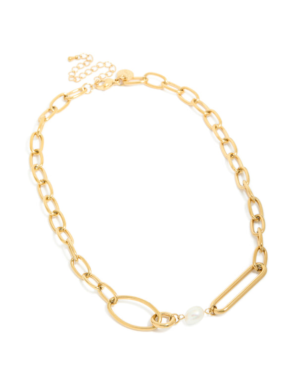 Elegant waterproof irregular paperclip chain necklace with freshwater pearl in gold plated stainless steel front view