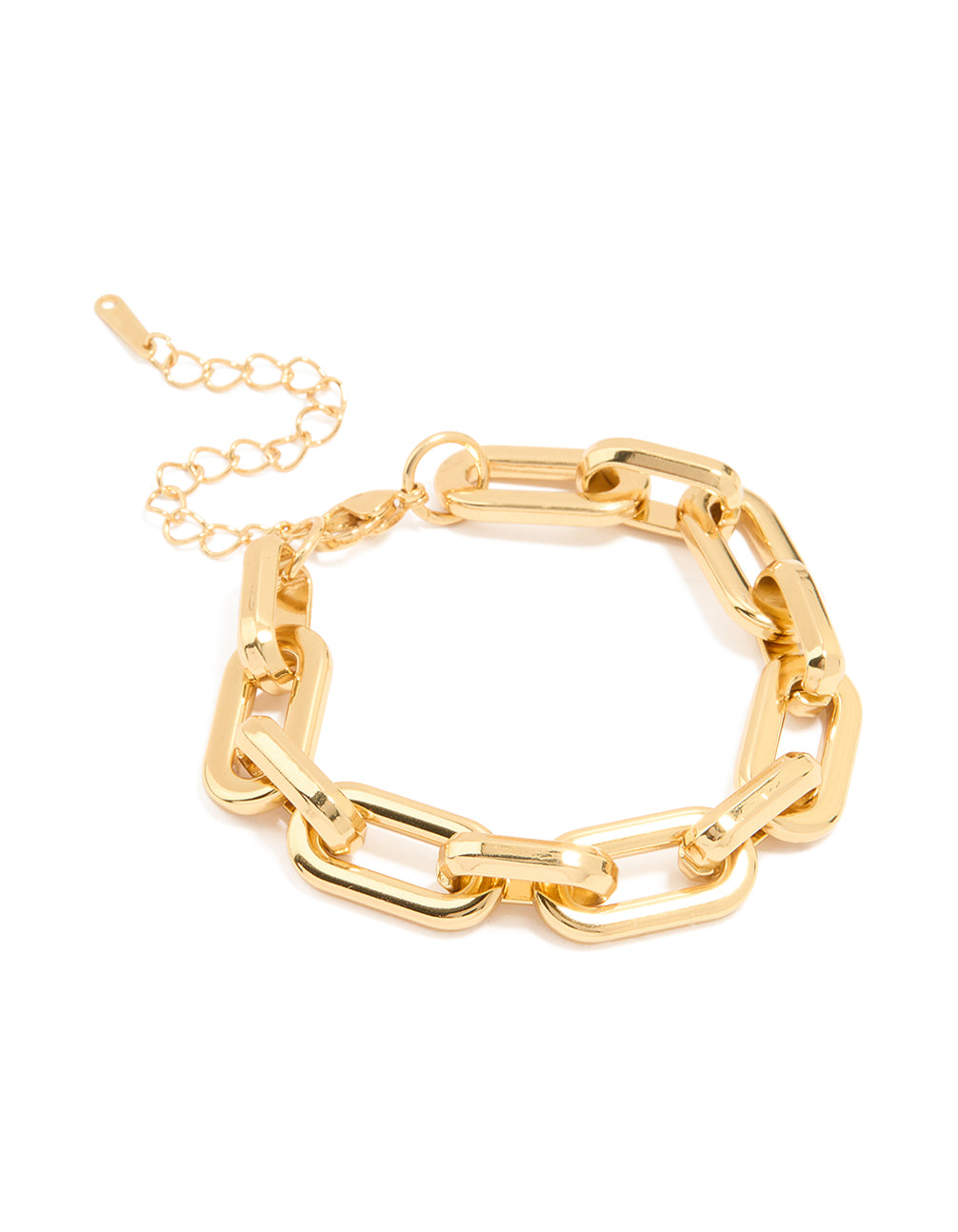 Showcasing a waterproof stainless steel paperclip large chain bracelet with gold plated finish and chunky style front view