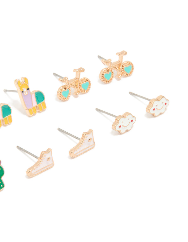 Crafted from gold featuring flower and bike stud earrings 8-pack with heart, animal and floral details in turquoise pink green close up view