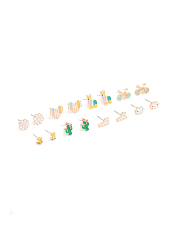 Featuring gold flower and bike stud earrings 8-pack with heart, animal and floral details in turquoise pink green front view