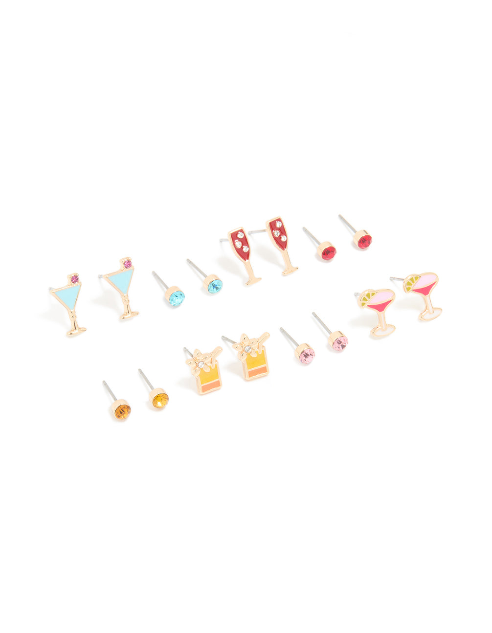 Gold Drinks & Diamante Stud Earrings 8-Pack